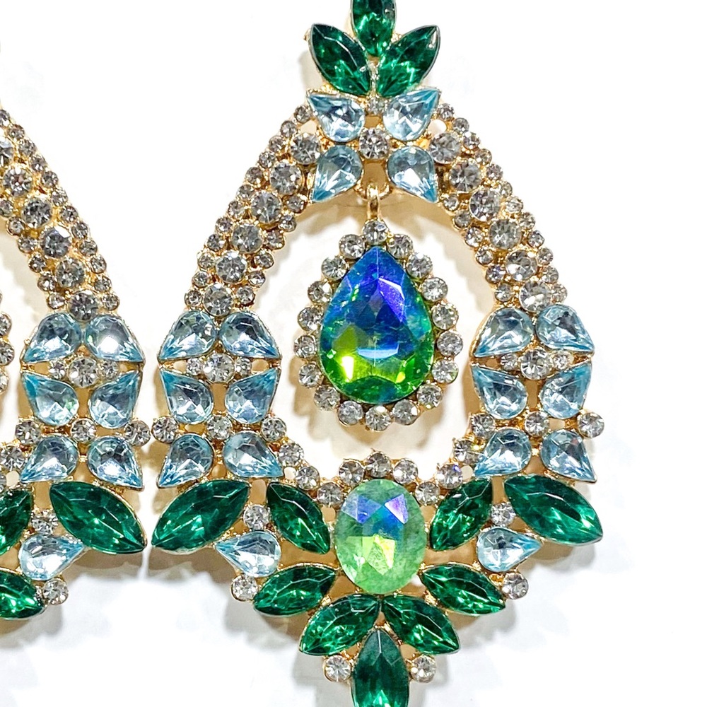 New Blue & Green Sparkly Glass Crystal Rhinestone Drop Earrings - Picture 5 of 10